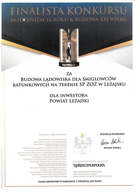 Lądowisko dla śmigłowców w leżajskim szpitalu finalistą konkursu „Modernizacja Roku & Budowa XXI wieku”