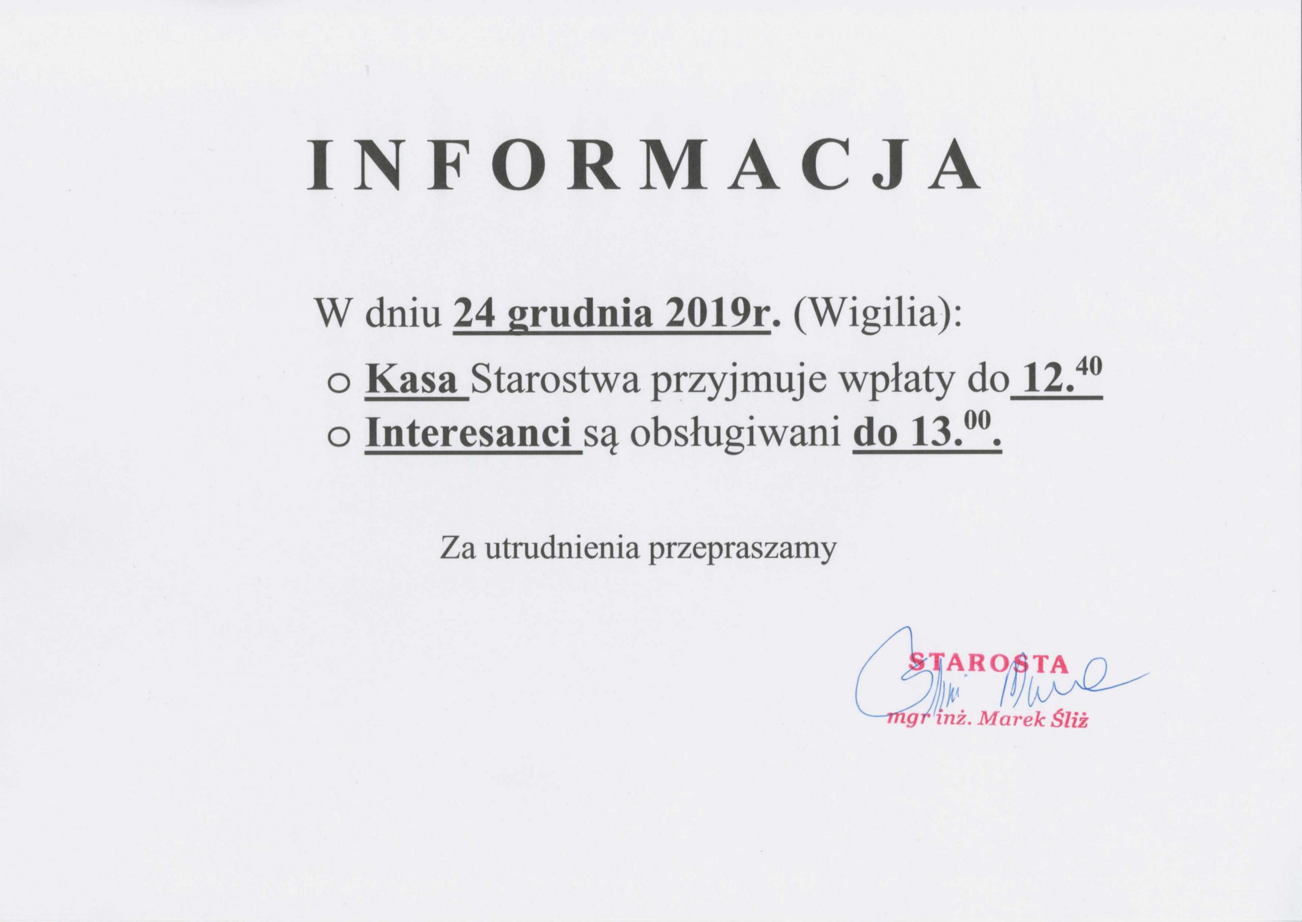 Godziny obsługi interesantów 24 grudnia