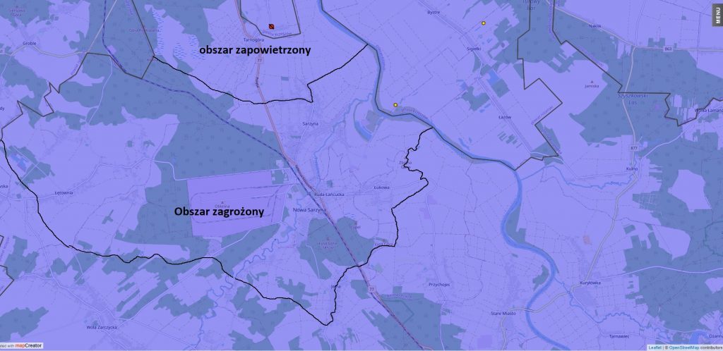 Mapa sytuacyjna w kolorze fioletowym z naniesionymi obszarami aktualnie zajętymi ASF.