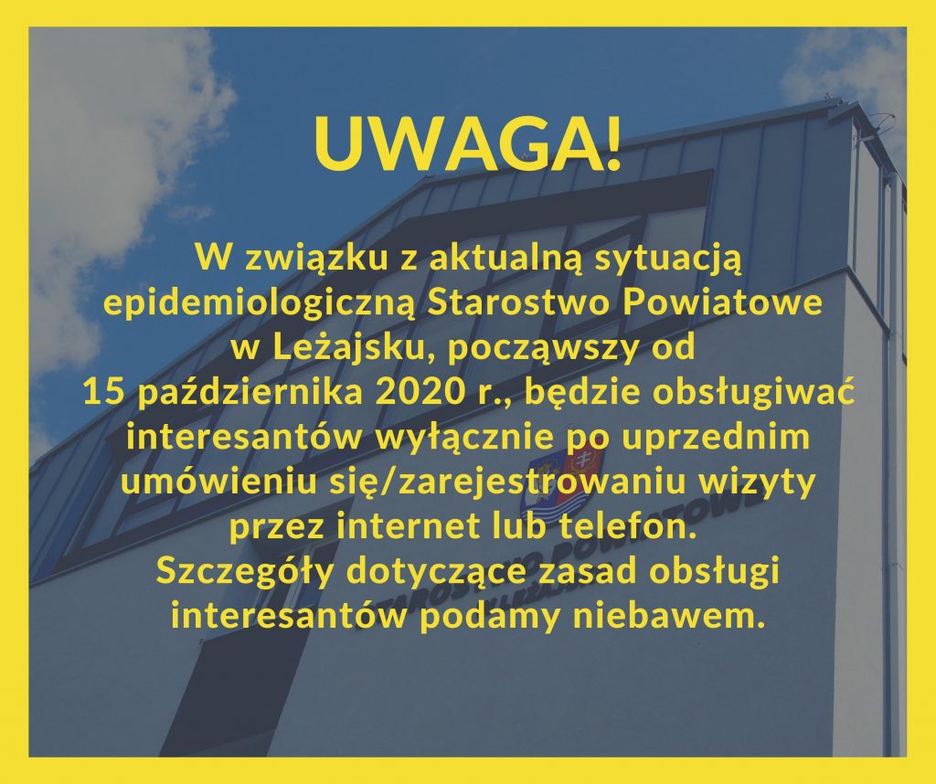 Grafika z budynkem starostwa jako tłem, na którym umieszczono komunikat. Litery oraz ramka okalająca grafikę mają kolor intensywnie żółty.