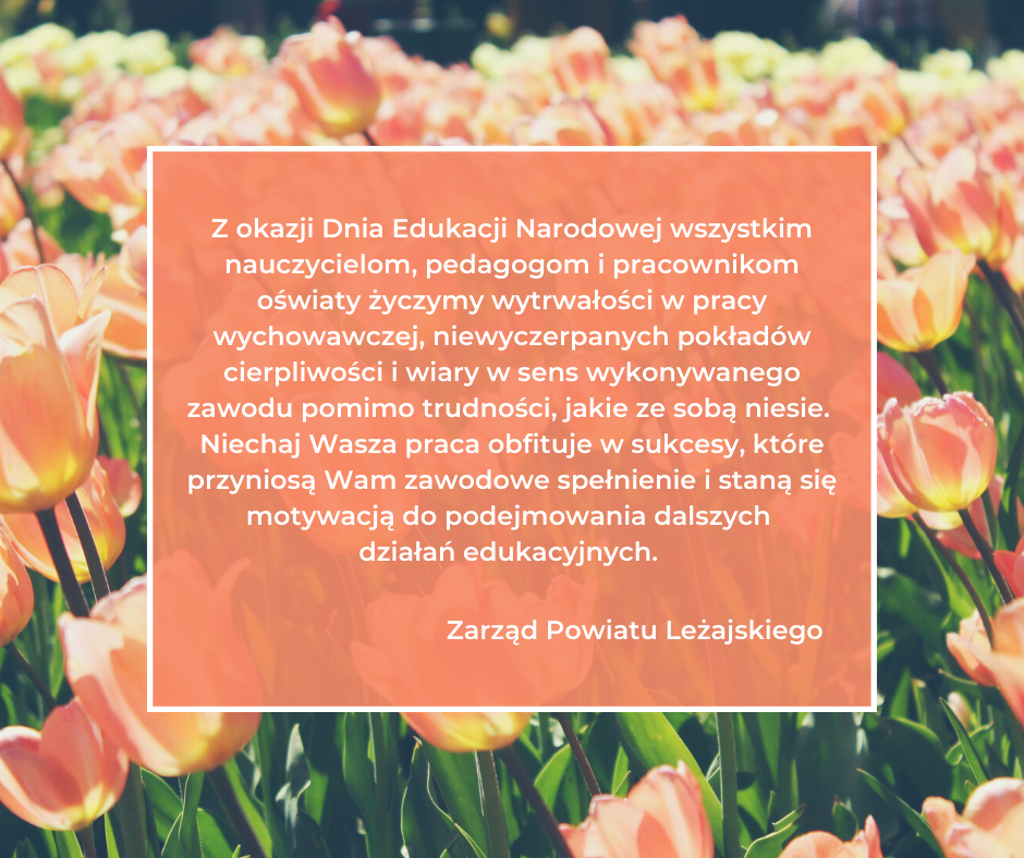 Grafika z tulipanami w tle, pośrodku pole tekstowe w kolorze bladopomarańczowym z umieszczonymi pośrodku życzeniami. 