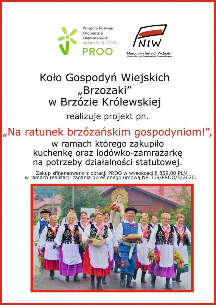 Plakat z białym tłem, na którym umieszczono napisy w kolorach czarnym i czerwonym. Pośrodku znajduje się zdjęcie członków Koła Gospodyń Wiejskich z dożynek wiejskich.