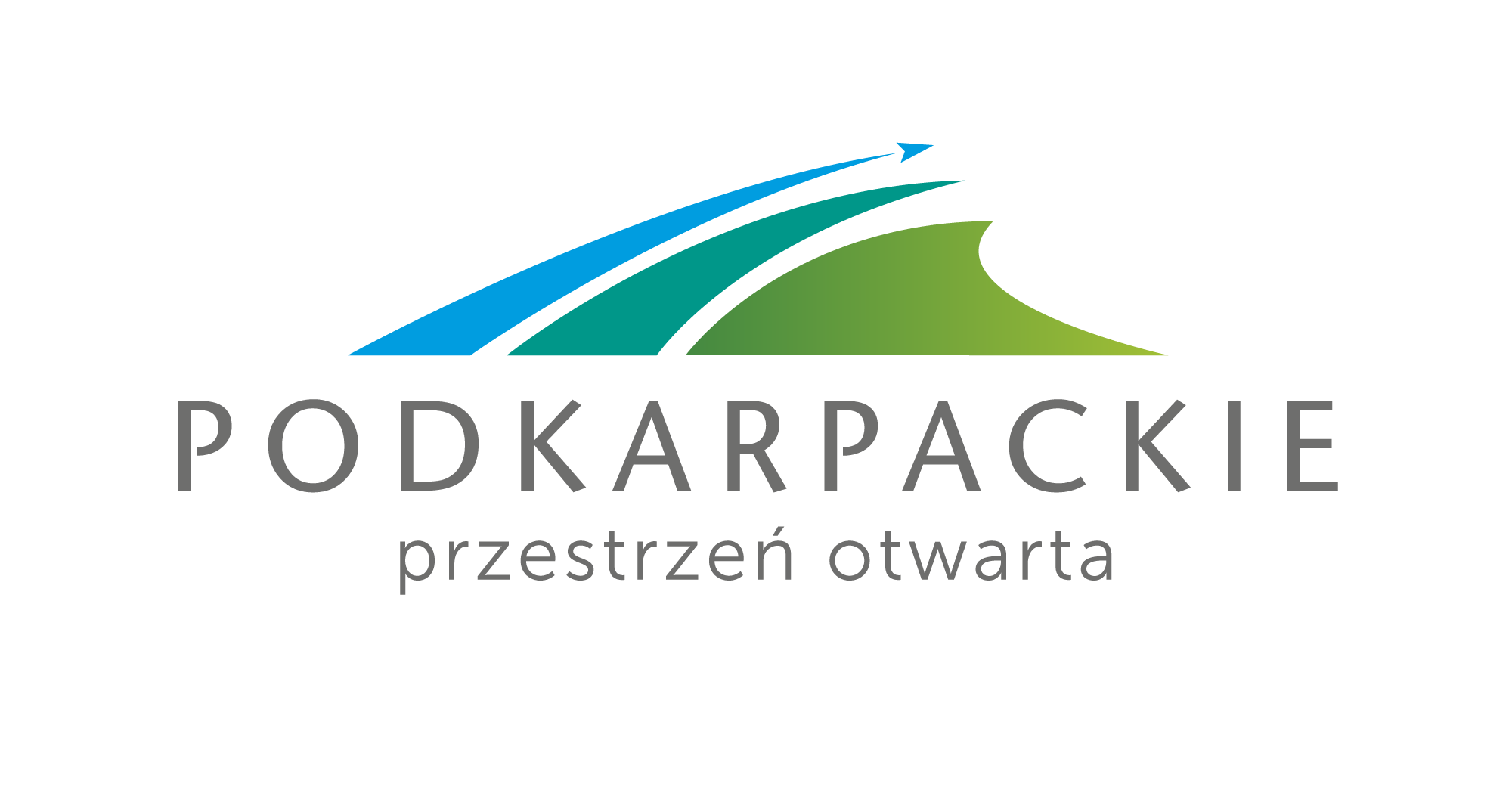 Logo województwa podkarpackiego w barwach niebiesko-zielonych na białym tle z umieszczonym poniżej napisem Podkarpackie. Przestrzeń otwarta