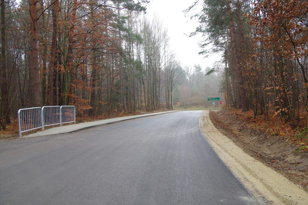 Fragment przebudowanego odcinka drogi powiatowej w Maleniskach, widok na skrzyżowanie z drogą krajową. Po obu stronach las, a po prawej szara, metalowa barierka. W tle zielony znak z nazwą miejscowości.