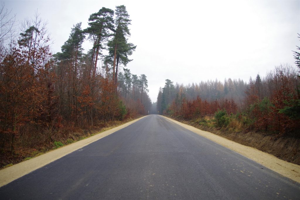 Fragment przebudowanej drogi w Wólce Grodziskiej, odcinek biegnący przez las. 