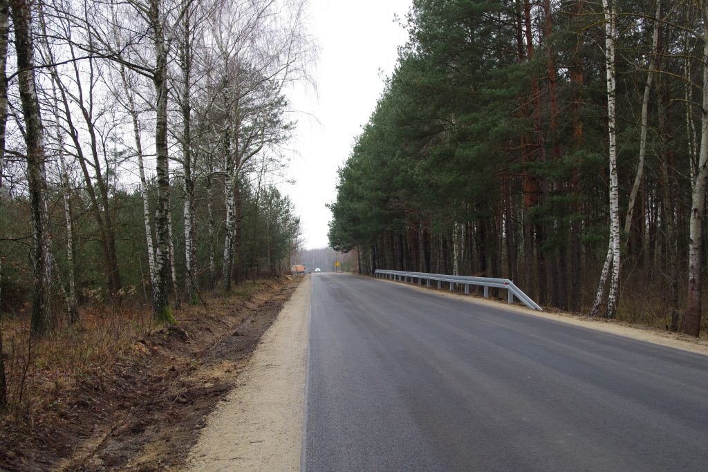Przebudowany odcinek drogi powiatowej, widok od strony Kolonii Polskiej. Po prawej stronie fragment lasu i barierka ochronna, po lewej brzozowy zagajnik.