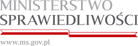 Logo Ministerstwa Sprawiedliwości. Duży napis w dwóch odcieniach szarości nad wstęgą w kolorze biało-czerwonym. Pod wstęgą adres trony internetowej ministerstwa www.ms.gov.pl.